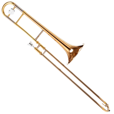 Trombom metálico dourado com bocal prateado