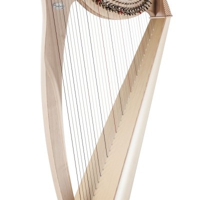 Harpa musical de madeira clara com cordas metálicas e base de apoio