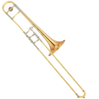Trombone metálico dourado e prateado com texto 'JUPITER' numa placa.