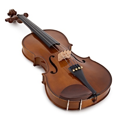 Violino de madeira castanha com cordas e queixeira preta