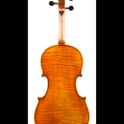 Violino em madeira vista traseira com verniz laranja