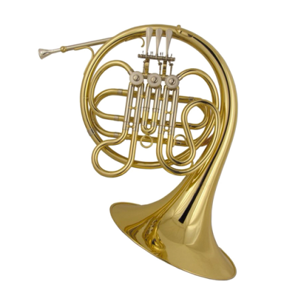 Trompa francesa dourada com três pistões sobre fundo branco