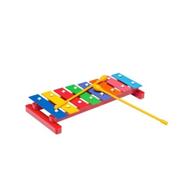 Xilofone colorido de brinquedo com suporte vermelho e duas baquetas amarelas