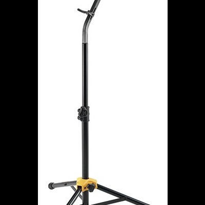 Suporte de bicicleta preto com detalhes amarelos e base tripé.