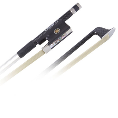 Arco de violino preto e madeira clara com inscrição CARBONIA