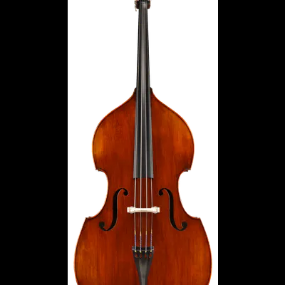 Contrabaixo acústico castanho com quatro cordas sobre fundo transparente