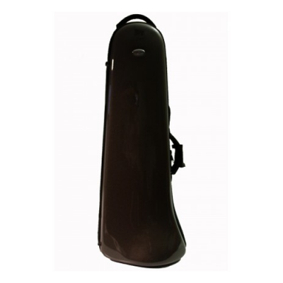 Estojo rígido castanho escuro para instrumento musical com alças de transporte.