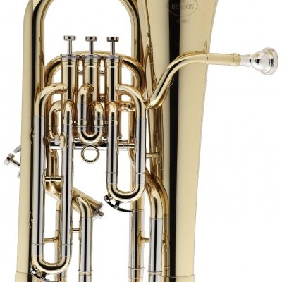 Instrumento musical tuba dourada com válvulas e campânula larga