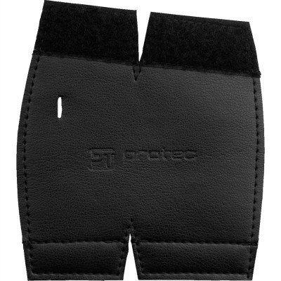 Protetor de couro preto com velcro e texto em relevo