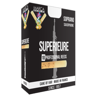 Caixa preta de palhetas profissionais para saxofone soprano com texto e logotipo colorido