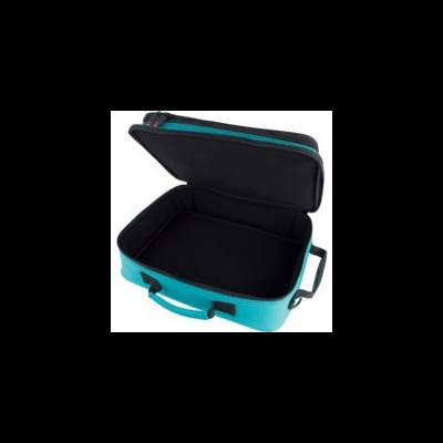 Mala de viagem azul-turquesa aberta com interior preto