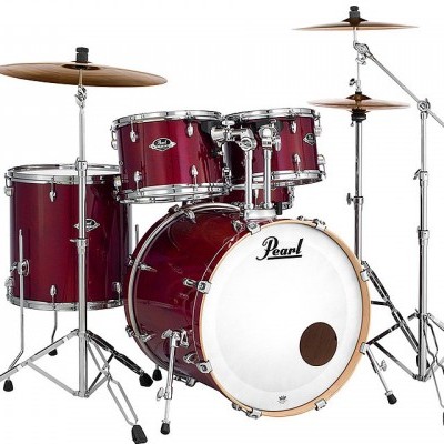 Bateria acústica bordô com pratos e suporte metálico