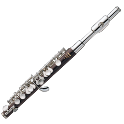 Flauta transversal de madeira escura com teclas prateadas