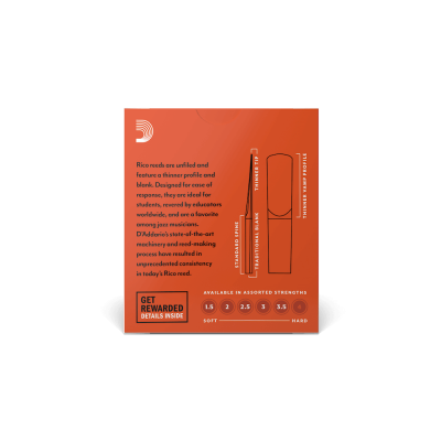 Embalagem alaranjada de palhetas D'Addario com texto explicativo e indicação de durezas.