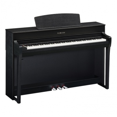 Piano digital vertical preto Yamaha com três pedais