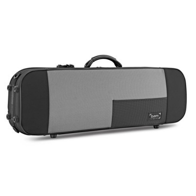 Estojo de instrumento musical BAM cinzento e preto com pega e etiquetas visíveis