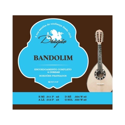 Pacote de cordas para bandolim Dragão com afinações e calibres visíveis