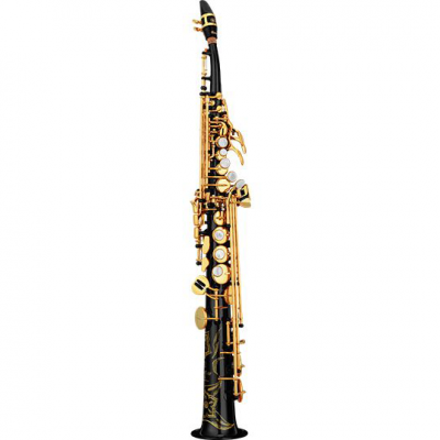 Saxofone soprano preto com detalhes dourados e teclas brancas