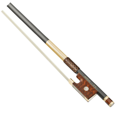 Arco para violino com empunhadura castanha e vara preta, pelo branco