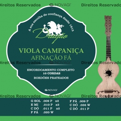 Kit de cordas para viola campaniça com etiqueta verde e viola campaniça em madeira clara