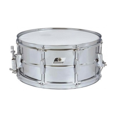 Bombo cromado de bateria com pele branca e logótipo Ludwig