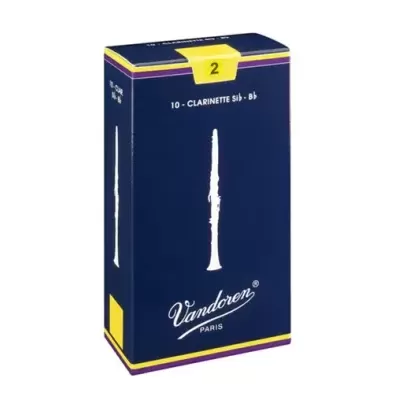 Embalagem azul para palhetas de clarinete Vandoren com texto e imagem de clarinete