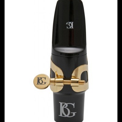Mouthpiece preto com fixador dourado e logo BG em branco