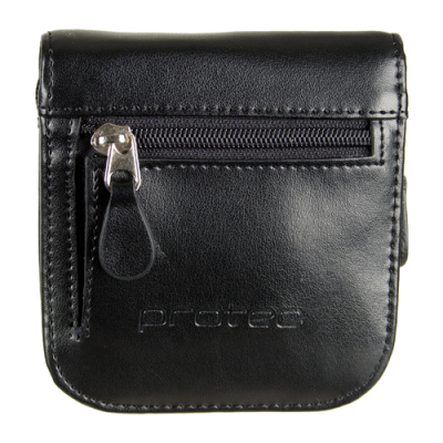 Bolsa pequena preta em couro com fecho de correr metálico e palavra 'protec'