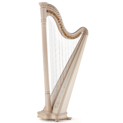 Harpa acústica de madeira clara com cordas e detalhes dourados