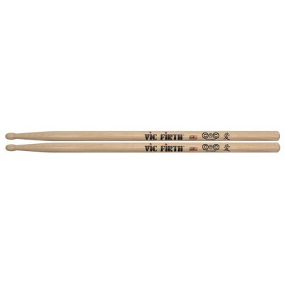 Par de baquetas para bateria Vic Firth 5A de madeira natural com texto preto e vermelho