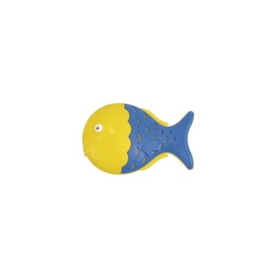 Brinquedo plástico em forma de peixe amarelo e azul com textura de escamas