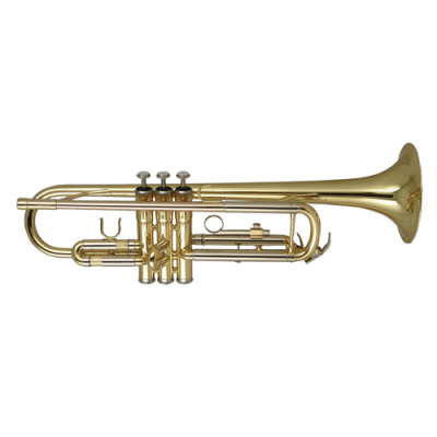 Trompete dourado em metal com três pistões
