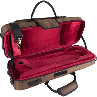 Estojo para violino castanho com interior vermelho aberto