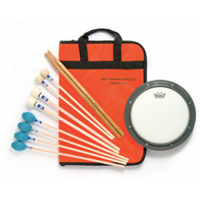 Conjunto de baquetas e marretas de percussão com bolsa laranja e pad de treino