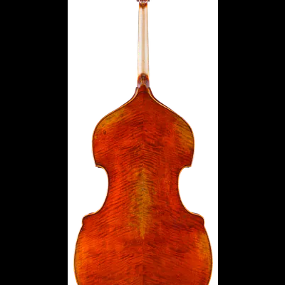 Contrabaixo de madeira castanho visto de trás