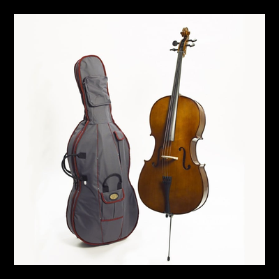 Violoncelo castanho com arco e estojo cinza com bolsos detalhes vermelhos