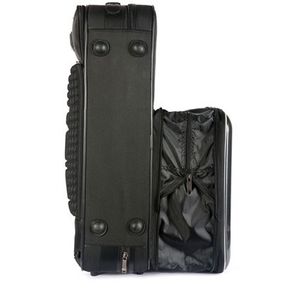 Mala de viagem preta com textura acolchoada e extensão lateral com fecho