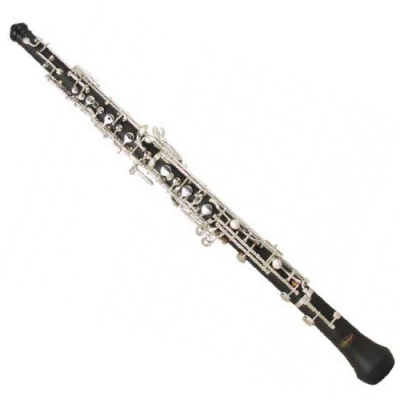 Clarinete negro com chaves prateadas sobre fundo branco
