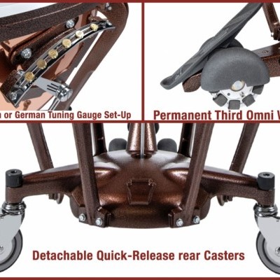 Componentes de uma cadeira de escritório com rodas e sistemas de ajuste em metal castanho.