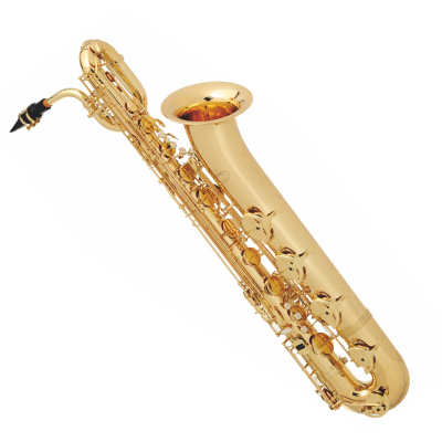 Saxofone barítono dourado com bocal preto