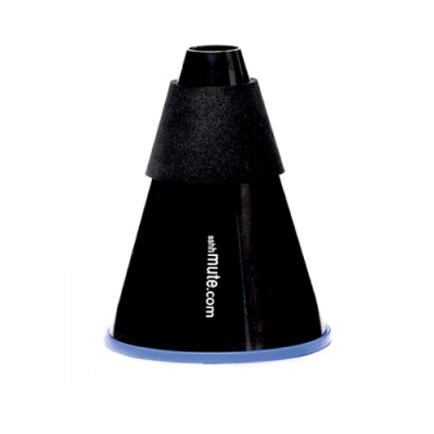 Mudo para trompete preto com base azul e texto branco