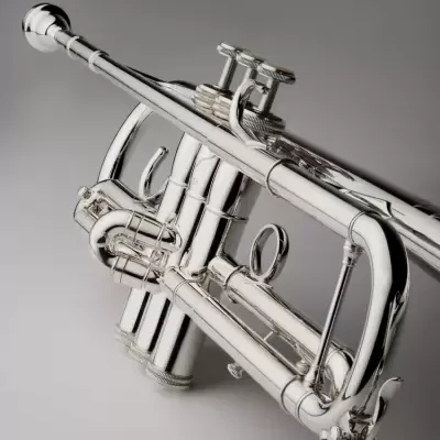 Trompete prateado com válvulas em fundo cinzento