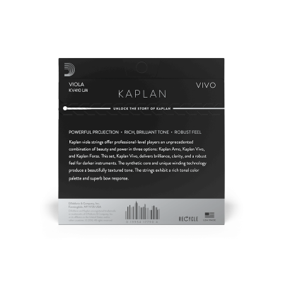 Embalagem preta de cordas para viola Kaplan com texto técnico em inglês