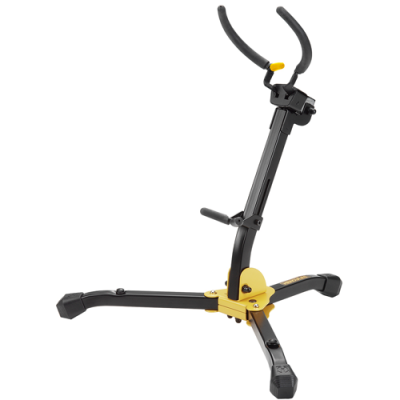 Suporte metálico preto e amarelo para guitarra com base trípode e braços acolchoados