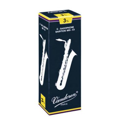 Caixa azul escura com imagem de saxofone bariátono e texto Vandoren Paris