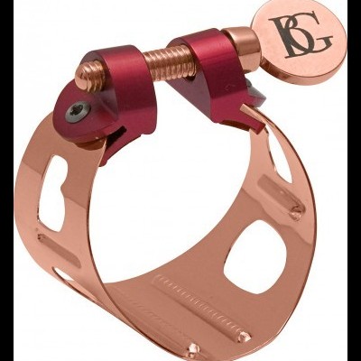 Abraçadeira para instrumento musical metálica dourada e vermelha com parafuso ajustável e logótipo BG.
