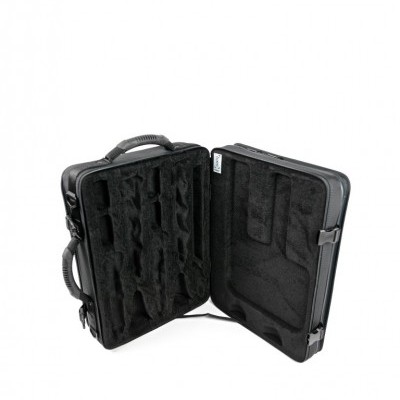 Mala preta rígida aberta com compartimentos moldados e interior forrado a tecido