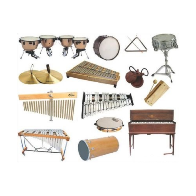 Instrumentos musicais de percussão e teclado em fundo branco