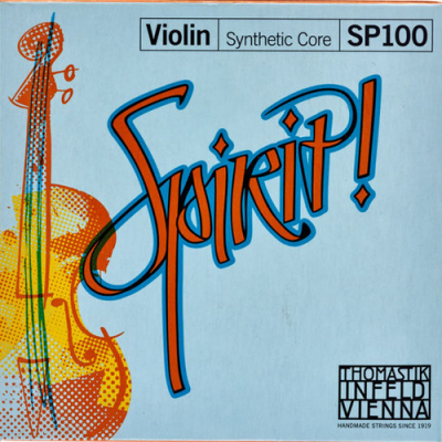 Embalagem azul clara de cordas de violino Spirit! com ilustração de violino e texto da marca Thomastik Infeld Vienna