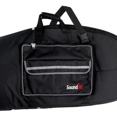 Capa preta para instrumentos com bolso frontal e alça de ombro.